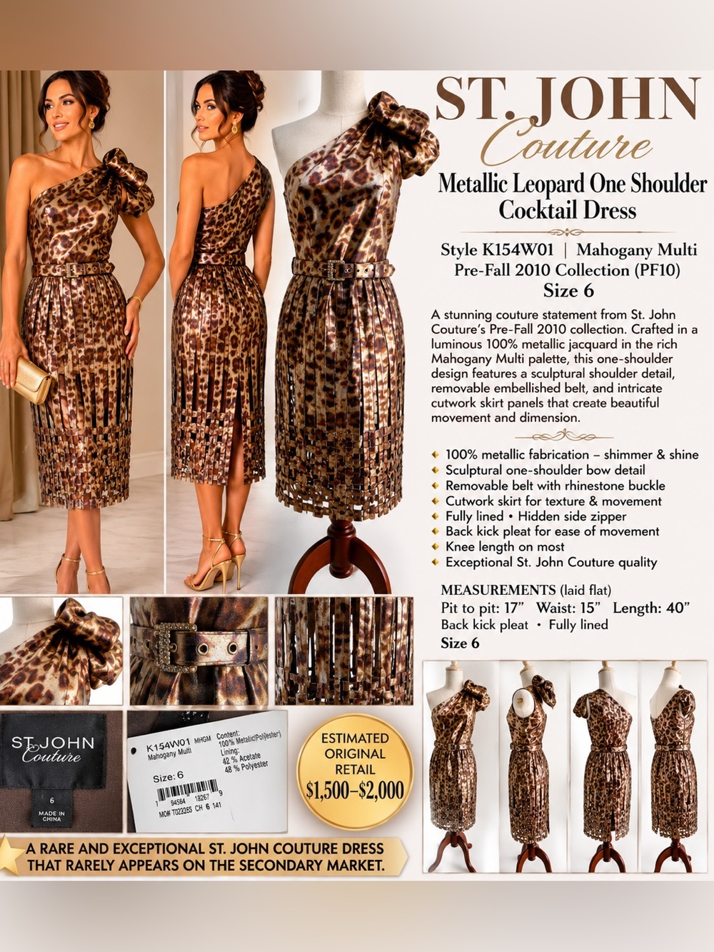 St. John Couture Metallic Leopard One Shoulder Cocktail Dress Belted Size 6 PF10